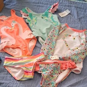 Carter's Orange Flamingo & Mint Parrot One Piece Swimsuits Rashguard And Bottoms